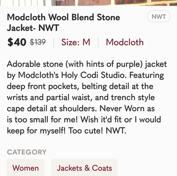 MODCLOTH WOOL BLEND STONE JACKET, SZ LARGE - Picture 16 of 16